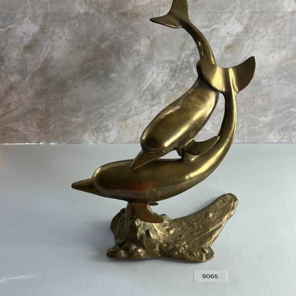Vintage Brass Dolphin Pair Sculpture Statue Swimming 15\